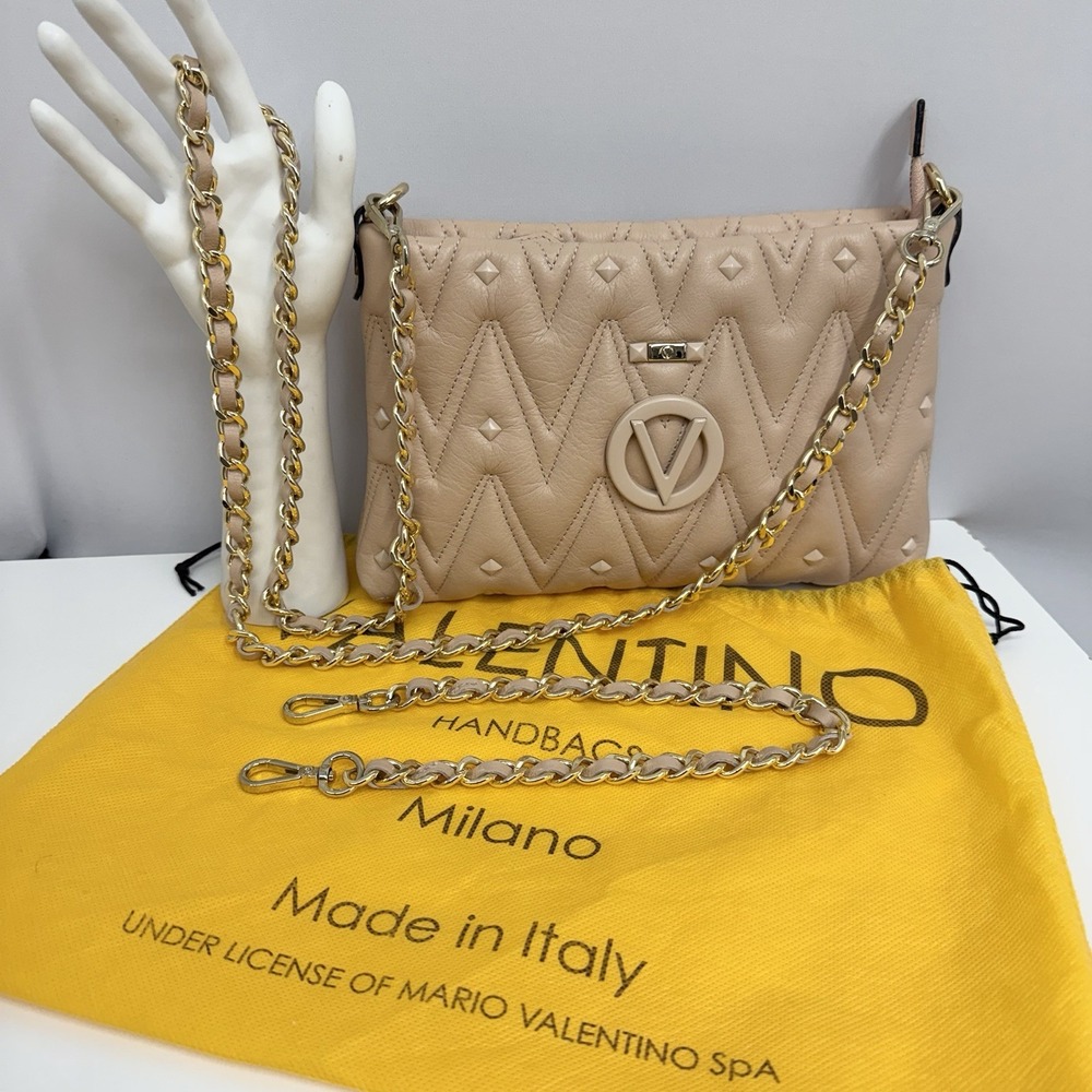 Valentino by Mario Valentino Leather Purse With 2 Woven Chain Straps Dusty Rose